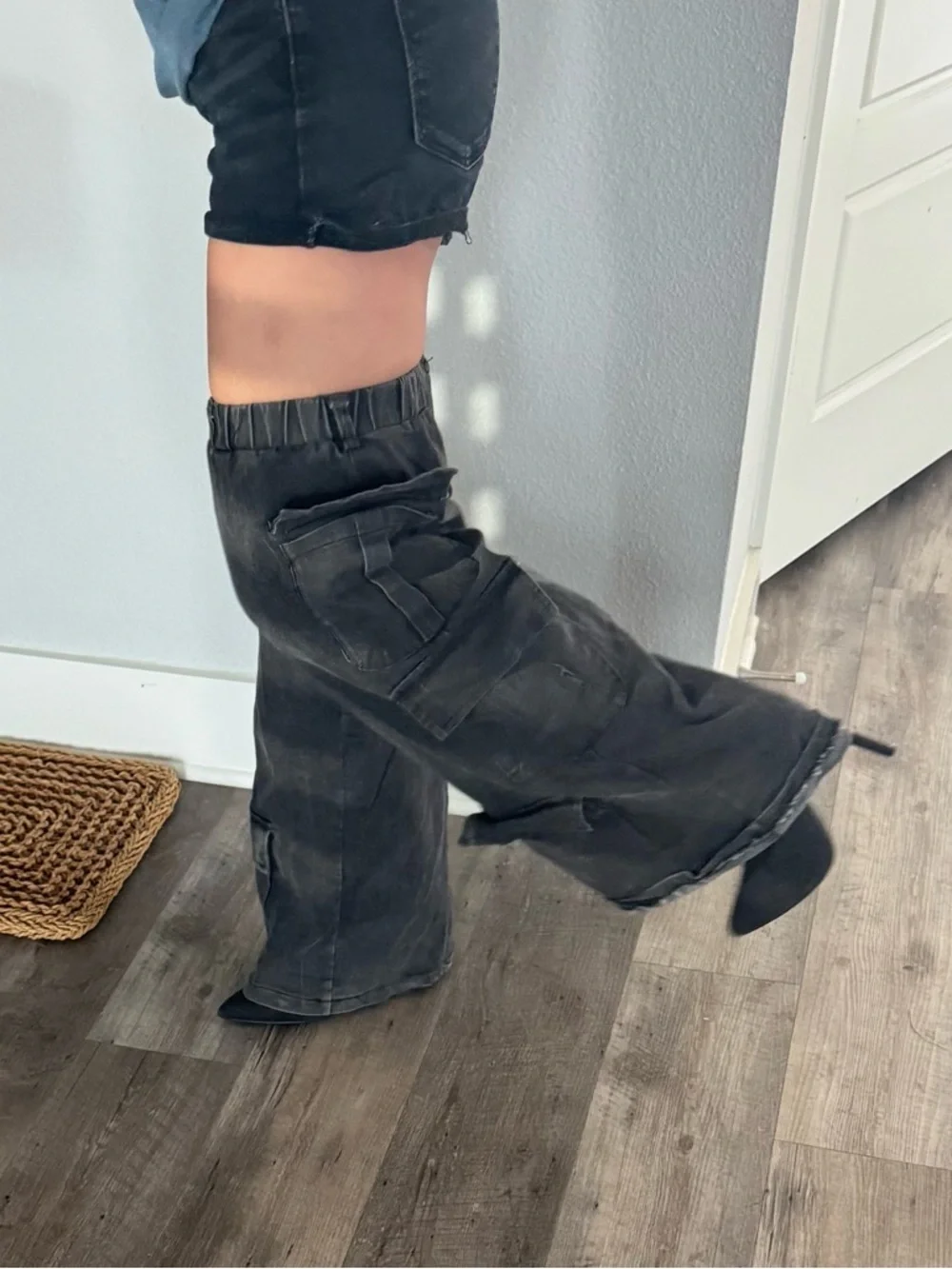SCANDALOUS OVER THE KNEE STILETTO CARGO BOOT IN Charcoal DENIM